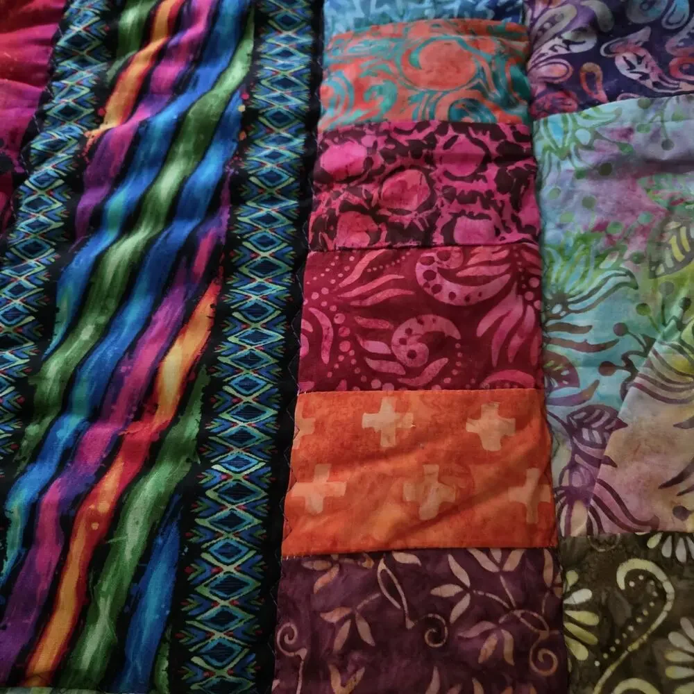 Handmade Batik Patchwork Throw Quilt – Tree of Life Center Panel – Colorful Art